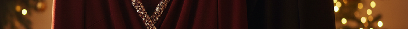 Bordeauxrotes Kleid mit Langarm und schwarzer Blazer im warmen Licht einer Weihnachtsfeier