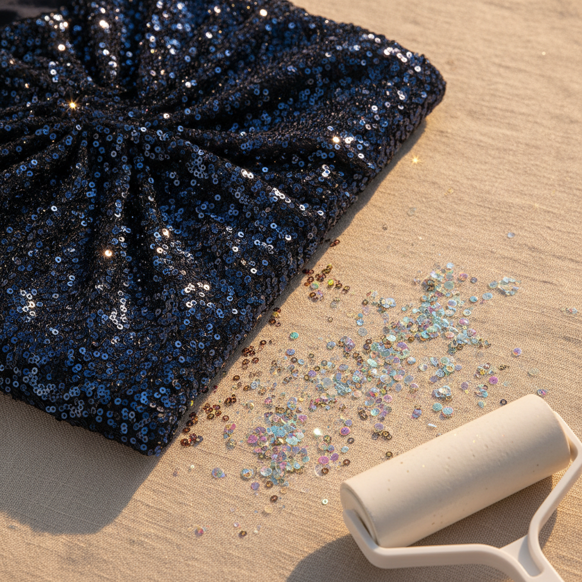 Dunkles Paillettenkleid mit losen Glitzerpartikeln daneben und einer Fusselrolle