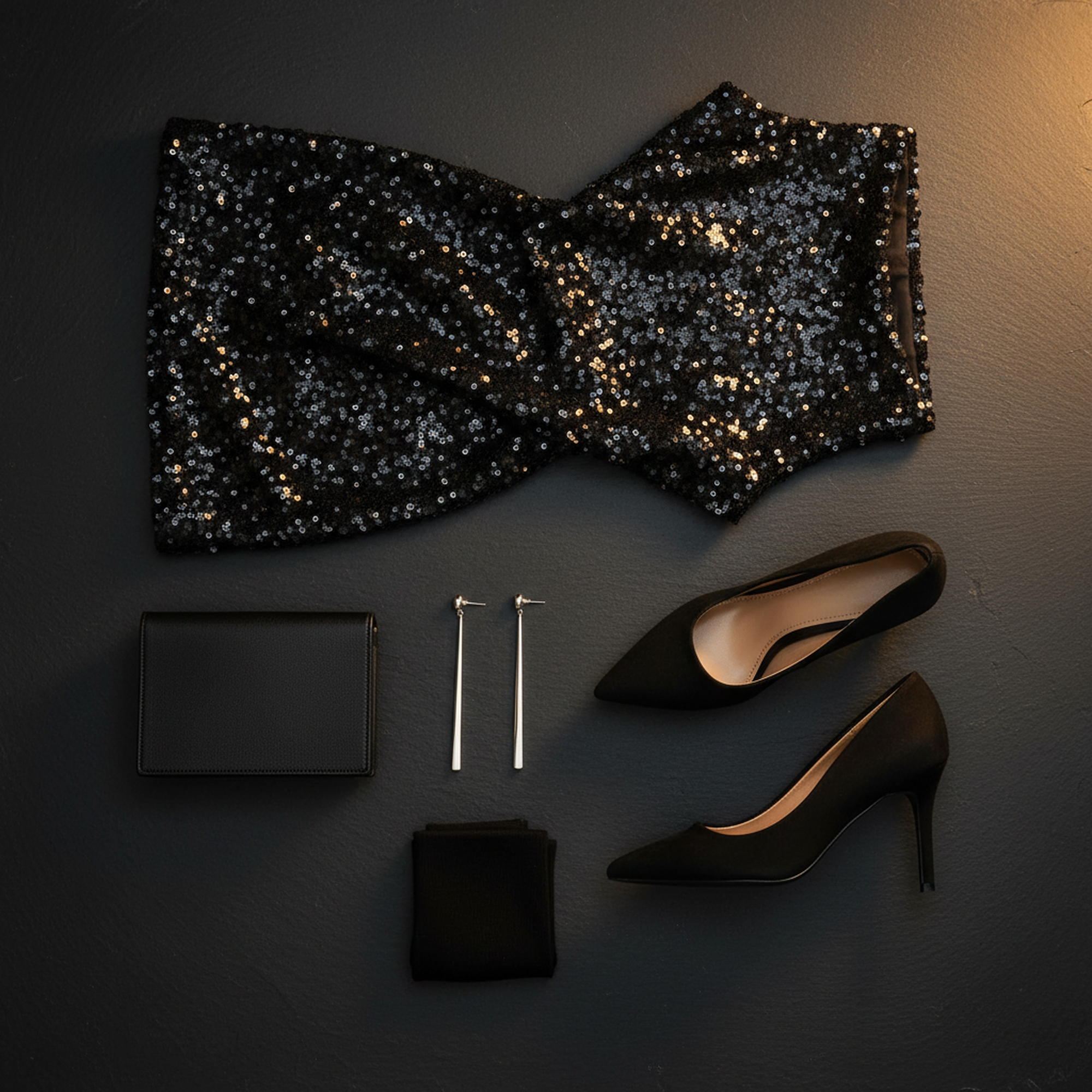 Schwarzes Paillettenkleid mit matten Wildleder-Pumps, Clutch, Ohrringen und blickdichter Strumpfhose