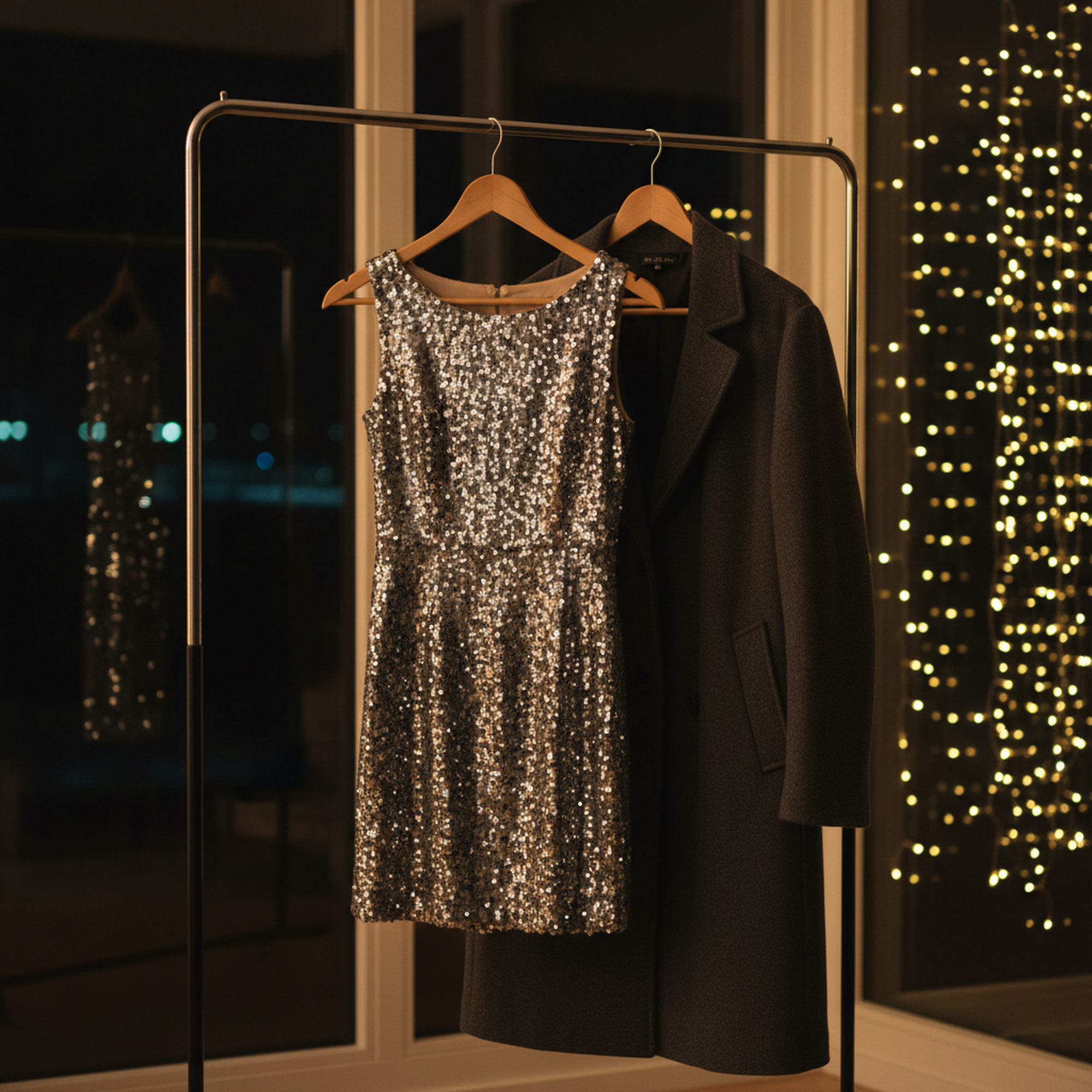 Silbernes Paillettenkleid neben einem dunklen Wollmantel im warmen Licht eines Silvesterabends