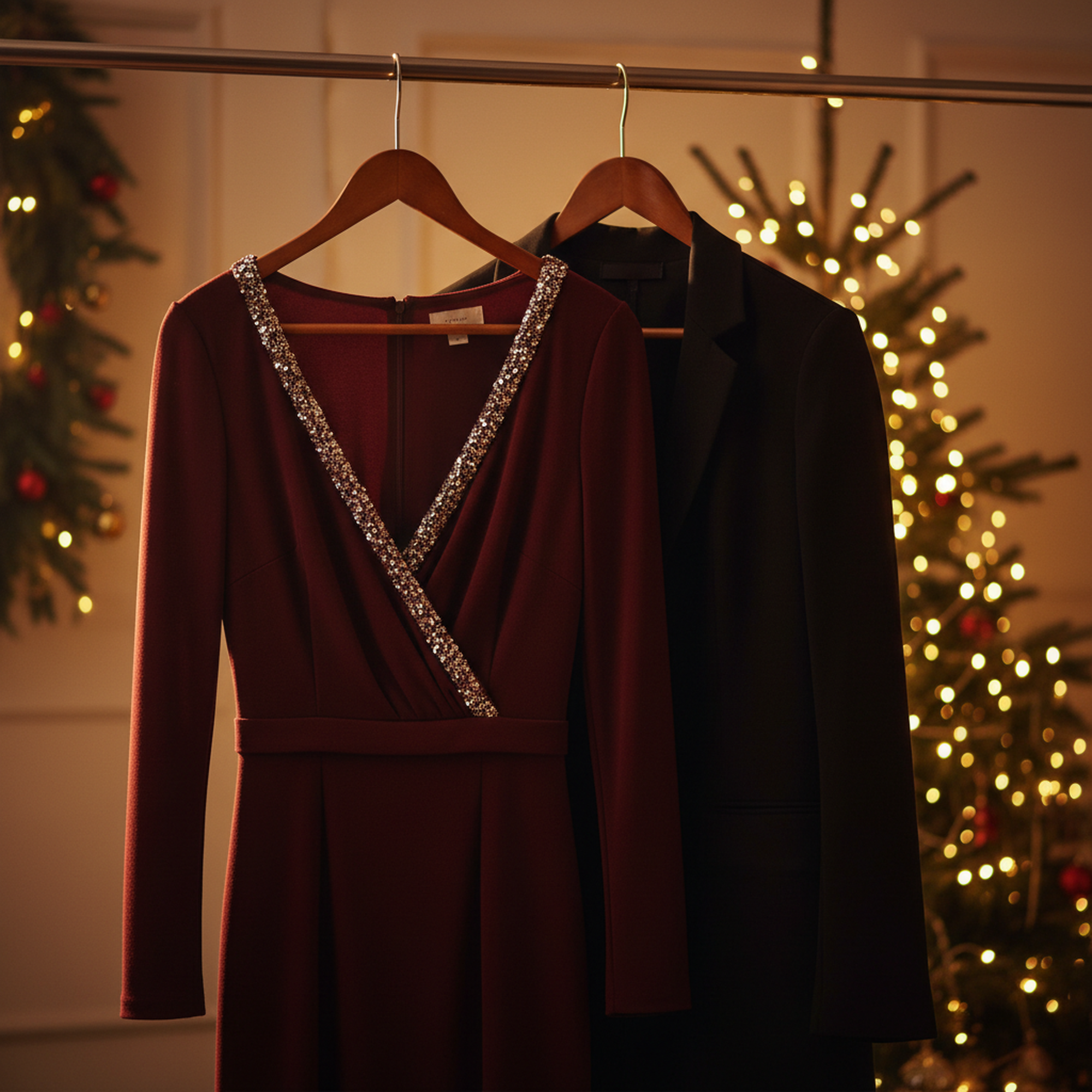 Bordeauxrotes Kleid mit Langarm und schwarzer Blazer im warmen Licht einer Weihnachtsfeier