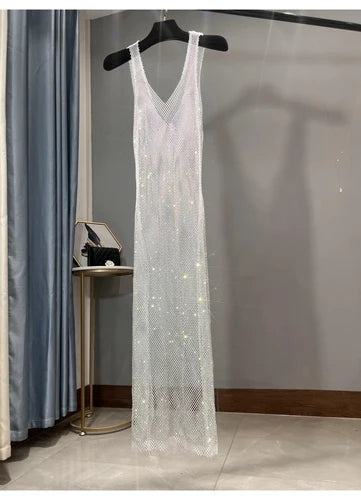 Weisses Glitzerkleid Blumen langes Mesh-Kleid Frontansicht