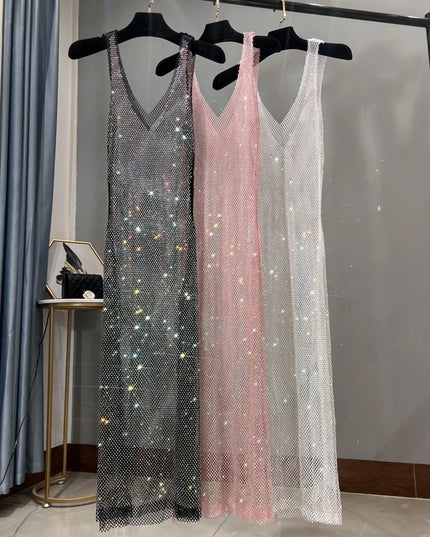 Langes weisses Glitzerkleid mit Strass Seitenansicht