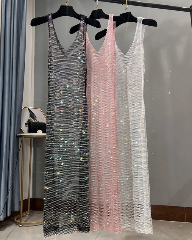 Langes weisses Glitzerkleid mit Strass Seitenansicht