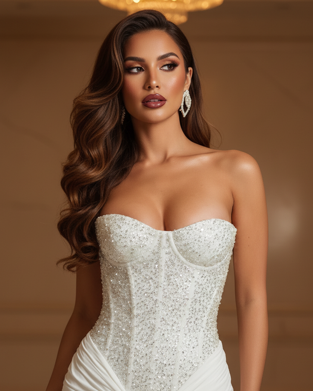 Altweisses Glitzerkleid Schulterlos - Ansicht 4