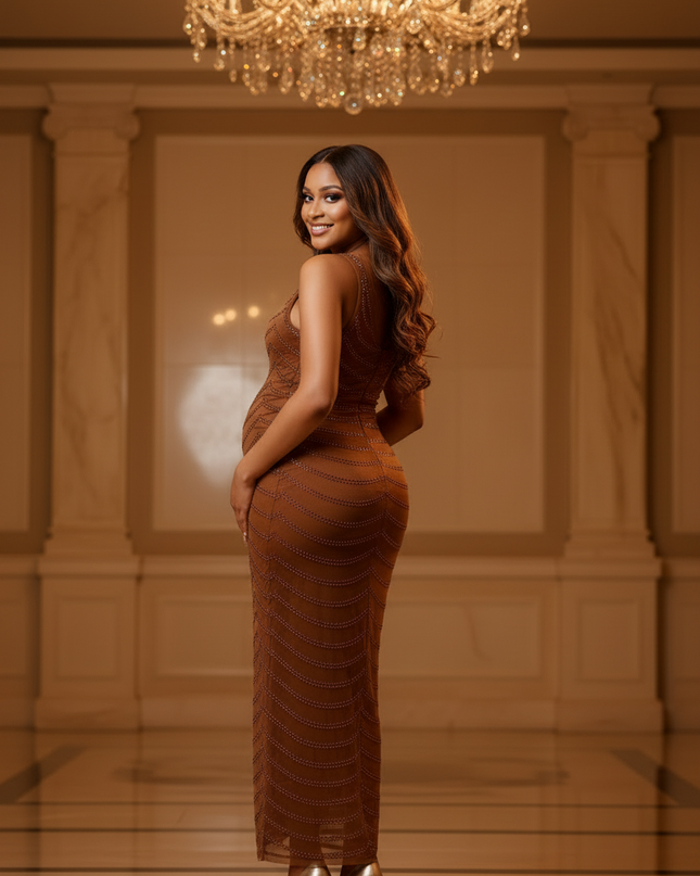 Apricot Glitzer Kleid Eng Lang - Ansicht 2