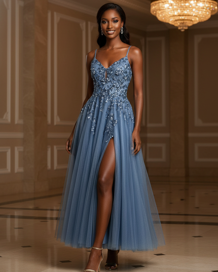 Azurblaues Glitzerkleid lang mit Schlitz - Ansicht 1