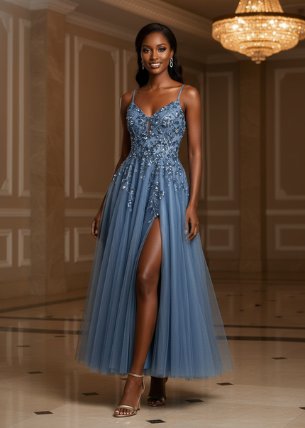 Azurblaues Glitzerkleid lang mit Schlitz - Ansicht 1