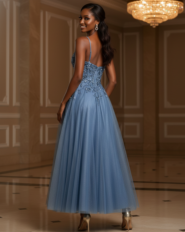 Azurblaues Glitzerkleid lang mit Schlitz - Ansicht 2
