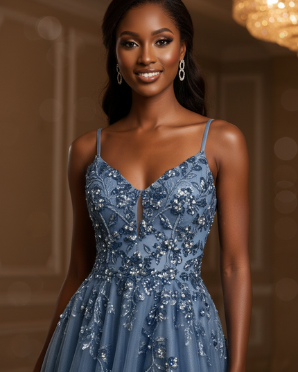 Azurblaues Glitzerkleid lang mit Schlitz - Ansicht 4