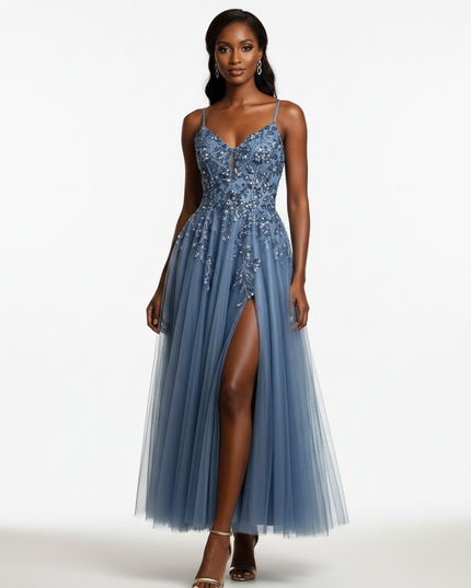 Azurblaues Glitzerkleid lang mit Schlitz - Ansicht 5