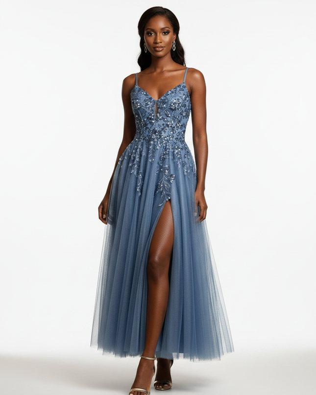 Azurblaues Glitzerkleid lang mit Schlitz - Ansicht 5