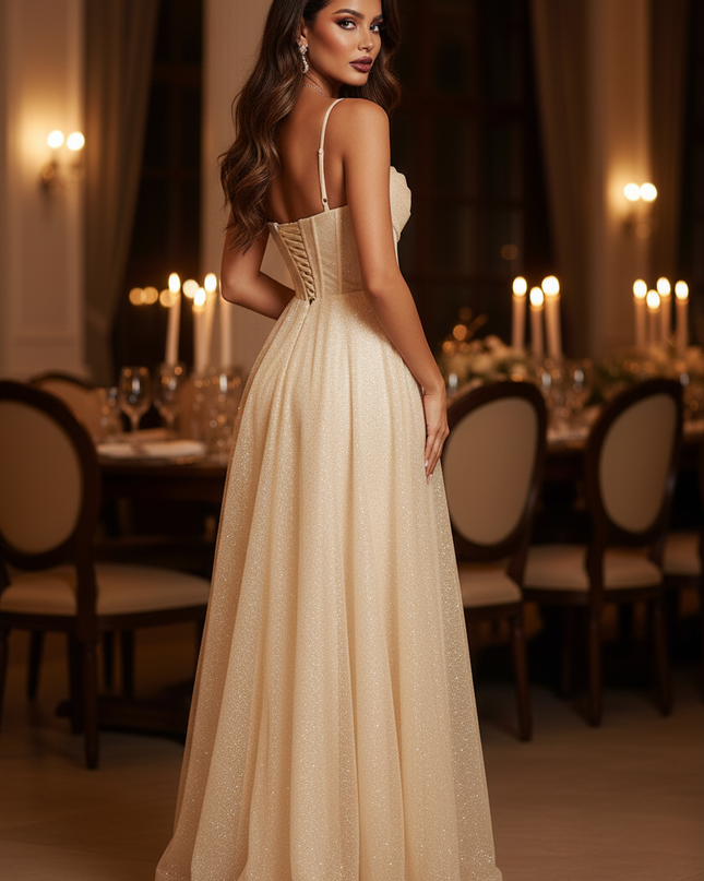 Beiges Glitzerkleid Lang Tuell - Ansicht 2