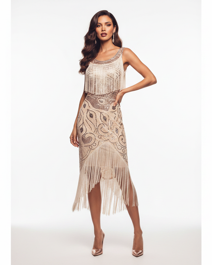 Beiges Glitzer Kleid Midi Fransen - Ansicht 5