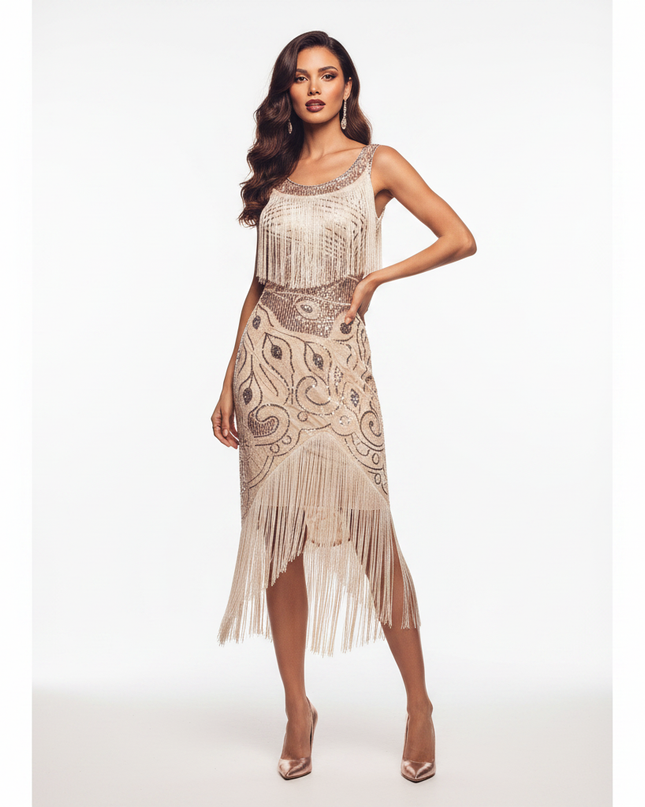 Beiges Glitzer Kleid Midi Fransen - Ansicht 5