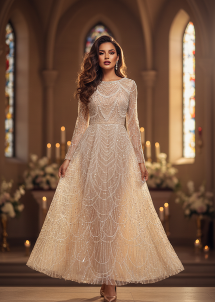 Beigees A-Linie Kleid Lang - Ansicht 1