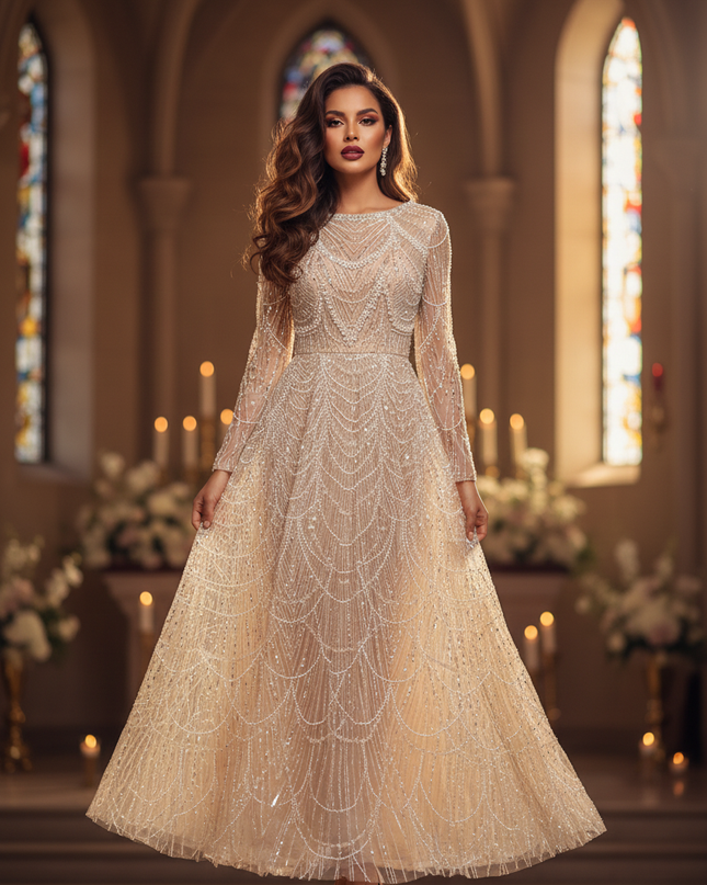 Beigees A-Linie Kleid Lang - Ansicht 1