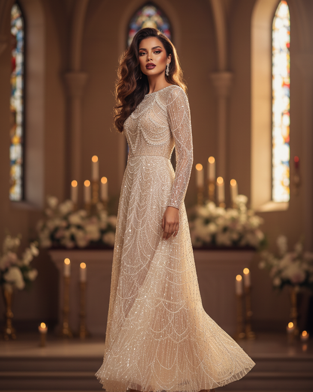 Beigees A-Linie Kleid Lang - Ansicht 3