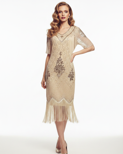 Beiges Pailletten Kleid Midi Fransen - Ansicht 5