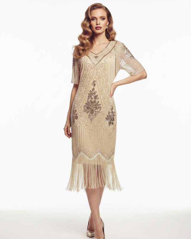 Beiges Pailletten Kleid Midi Fransen - Ansicht 5