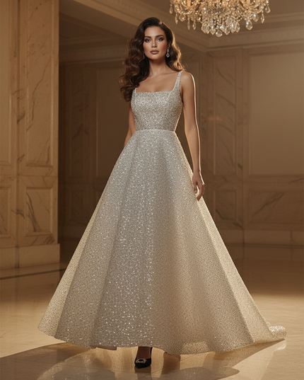Beigefarbenes Glitzerkleid Braut - Ansicht 1