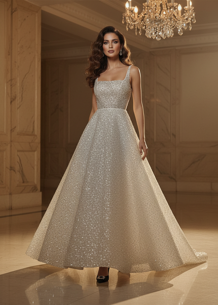 Beigefarbenes Glitzerkleid Braut - Ansicht 1