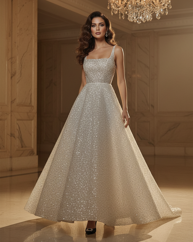 Beigefarbenes Glitzerkleid Braut - Ansicht 1