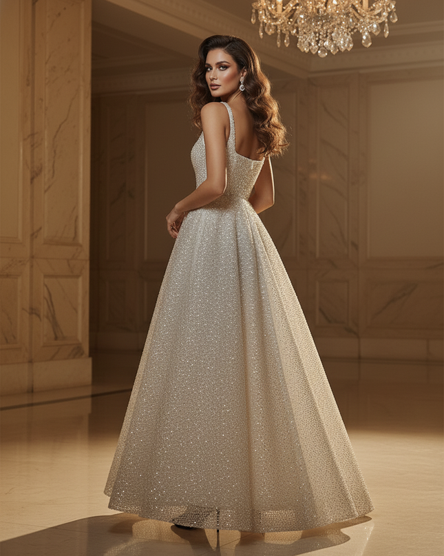 Beigefarbenes Glitzerkleid Braut - Ansicht 2