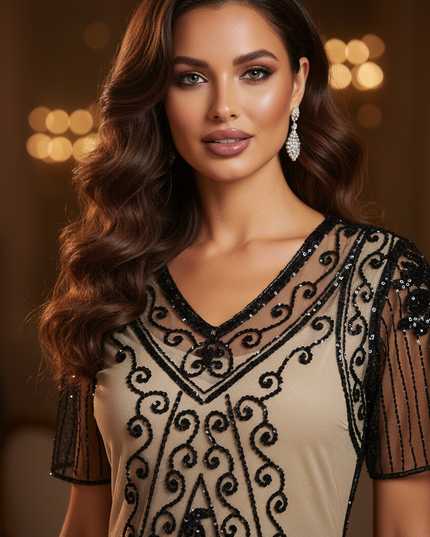 Beiges Pailletten Kleid Midi Fransen - Ansicht 4