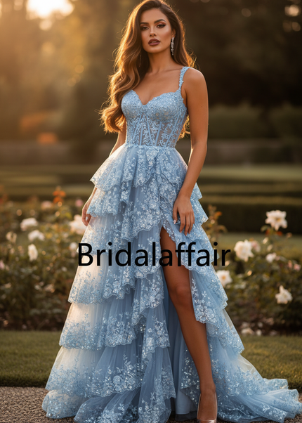 Blaues Glamour-Ballkleid mit Tull-Etagen - Ansicht 1