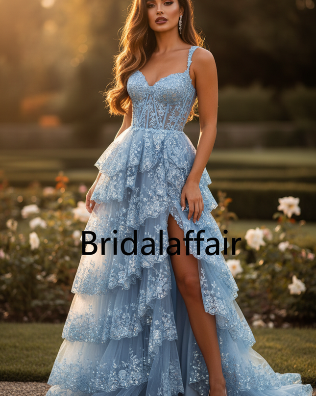 Blaues Glamour-Ballkleid mit Tull-Etagen - Ansicht 1