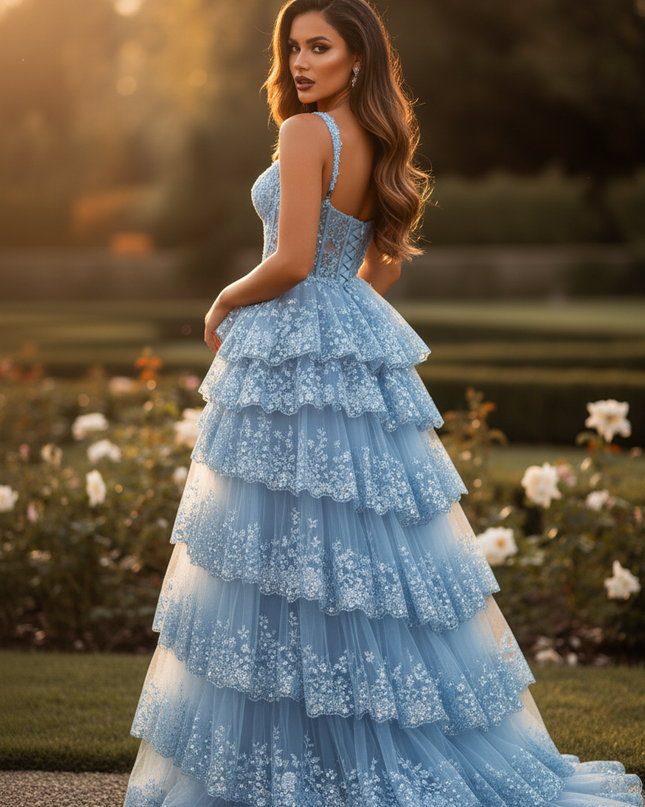 Blaues Glamour-Ballkleid mit Tull-Etagen - Ansicht 2