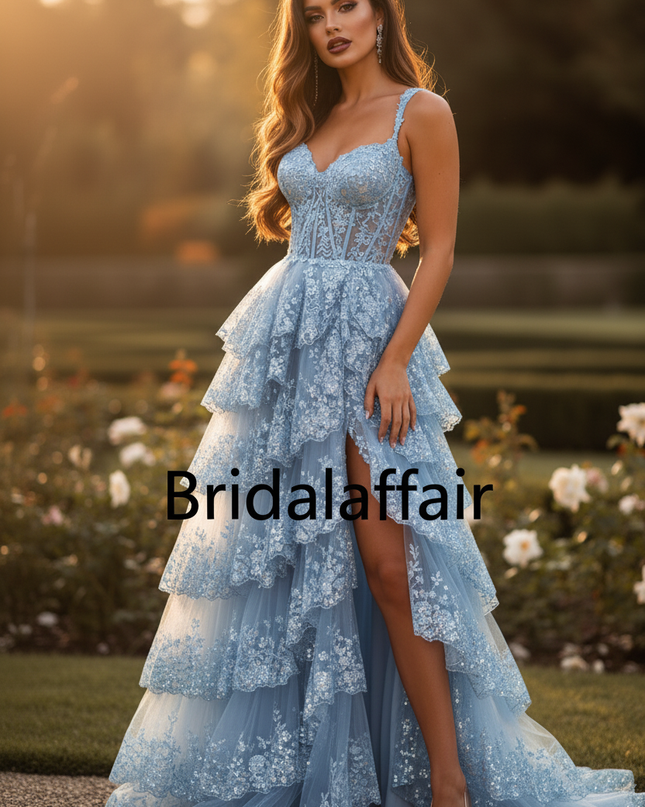 Blaues Glamour-Ballkleid mit Tull-Etagen - Ansicht 3