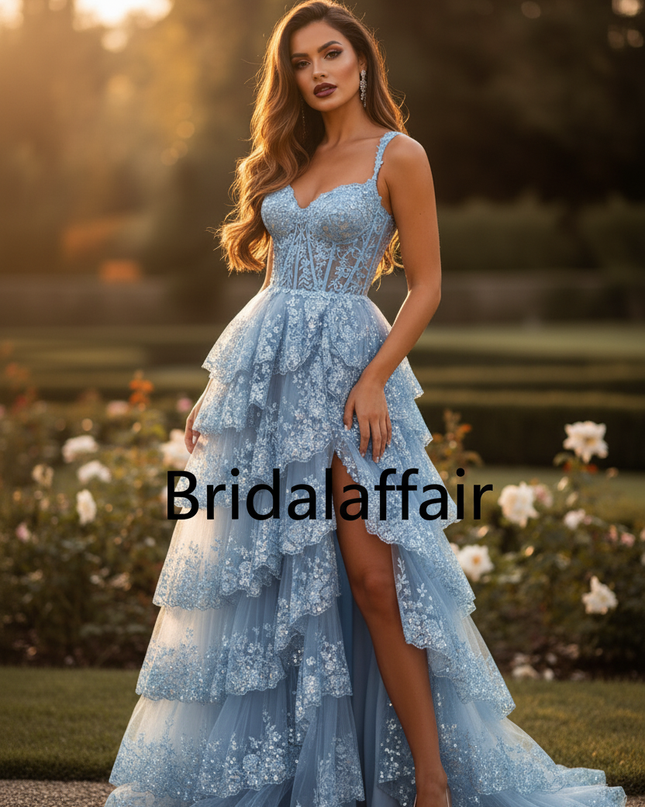 Blaues Glamour-Ballkleid mit Tull-Etagen - Ansicht 4