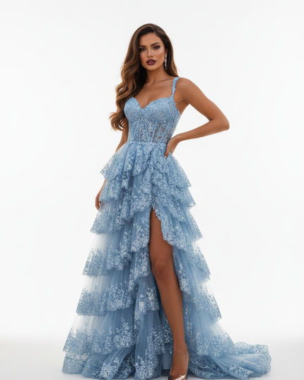 Blaues Glamour-Ballkleid mit Tull-Etagen - Ansicht 5