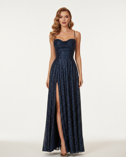 Blaues Glitzer Abendkleid Lang - Ansicht 5