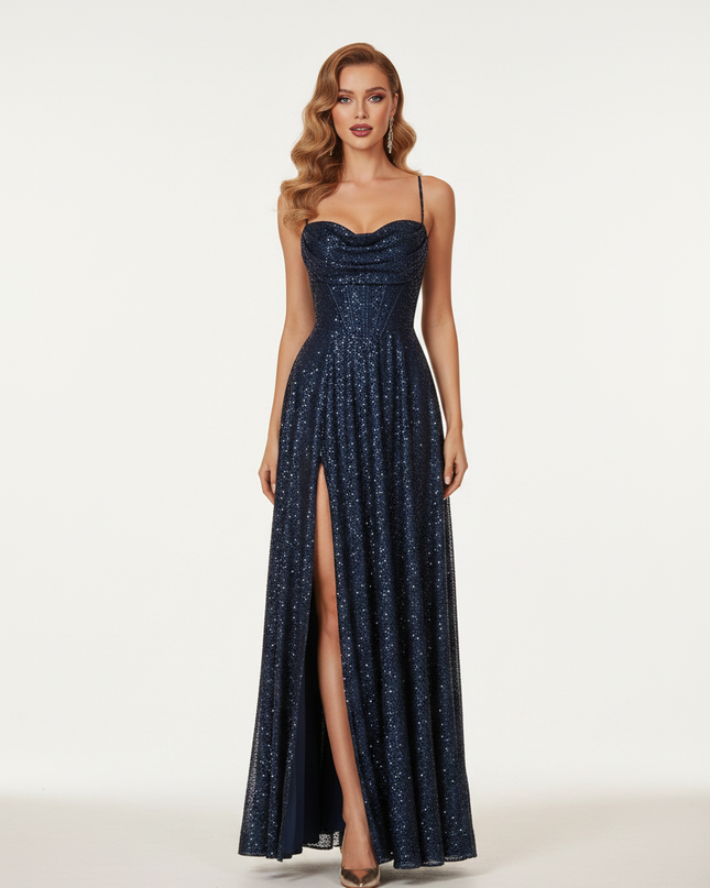 Blaues Glitzer Abendkleid Lang - Ansicht 5
