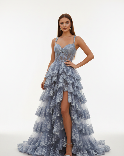 Blaues Glitzer Ballkleid mit Tull - Ansicht 5