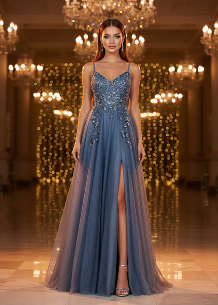 Blaues Glitzerkleid in A-Linie - Ansicht 1