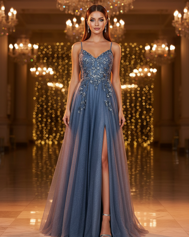 Blaues Glitzerkleid in A-Linie - Ansicht 1