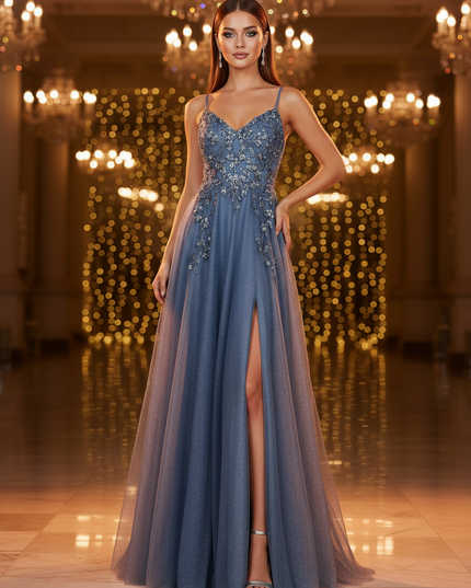 Blaues Glitzerkleid in A-Linie - Ansicht 4