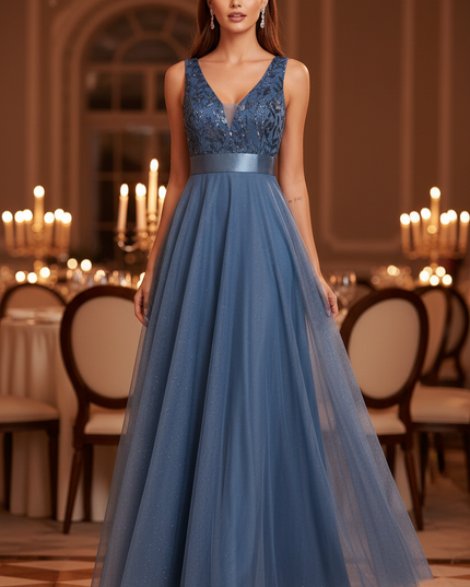 Blaues Glitzerkleid Aermellos Lang - Ansicht 1