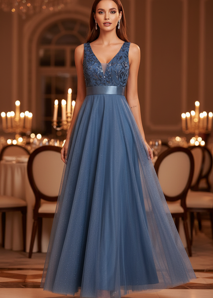 Blaues Glitzerkleid Aermellos Lang - Ansicht 1