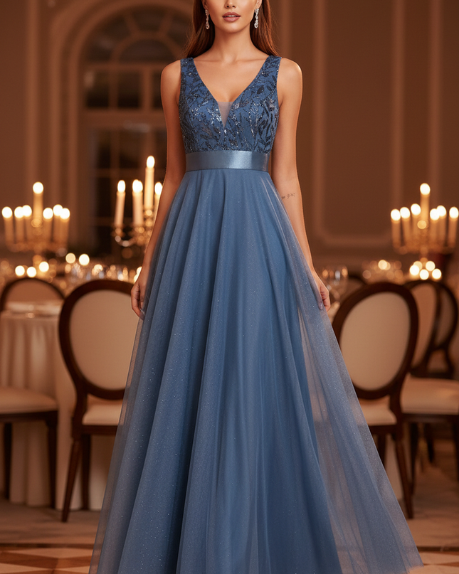 Blaues Glitzerkleid Aermellos Lang - Ansicht 1