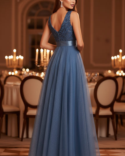 Blaues Glitzerkleid Aermellos Lang - Ansicht 2