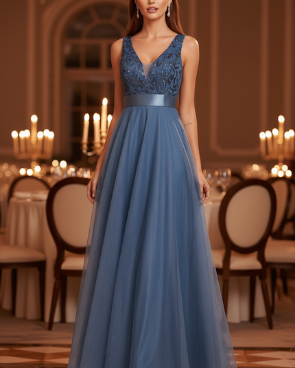 Blaues Glitzerkleid Aermellos Lang - Ansicht 3