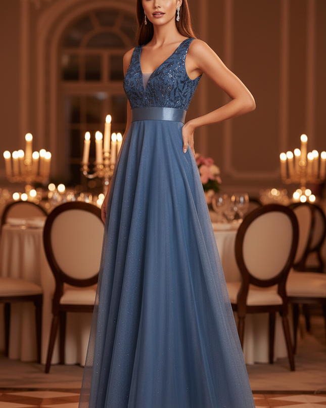 Blaues Glitzerkleid Aermellos Lang - Ansicht 4