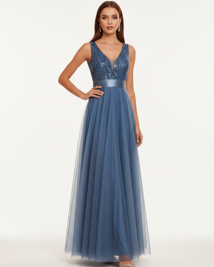 Blaues Glitzerkleid Aermellos Lang - Ansicht 5