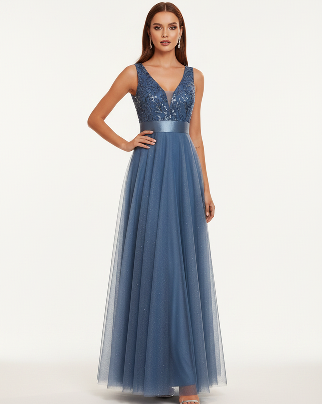 Blaues Glitzerkleid Aermellos Lang - Ansicht 5