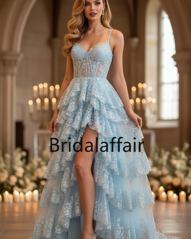 Blaues Glitzer Kleid Korsett Lang - Ansicht 1
